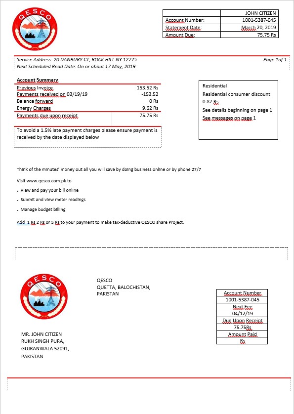 Pakistan Quetta Electric Supply Company electricity bill in Word format
